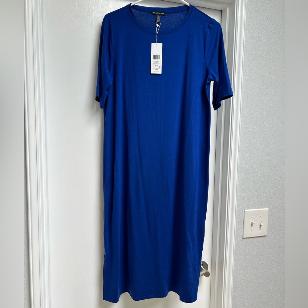 Eileen Fisher ROYAL BLUE Round Neck TENCEL JERSEY C/L Dress